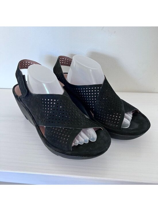 Clarks Shoes - Clarks Artisan Clarene Award Sandals 8M Black Nubuck Wedge Slingback Adjustable